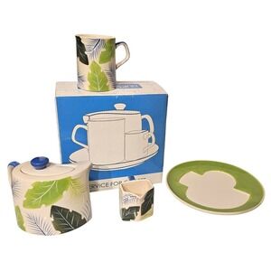 HuesNBrews Service For One Tropical‎ Leaf Ceramic Teapot Mug Creamer Set 403-373